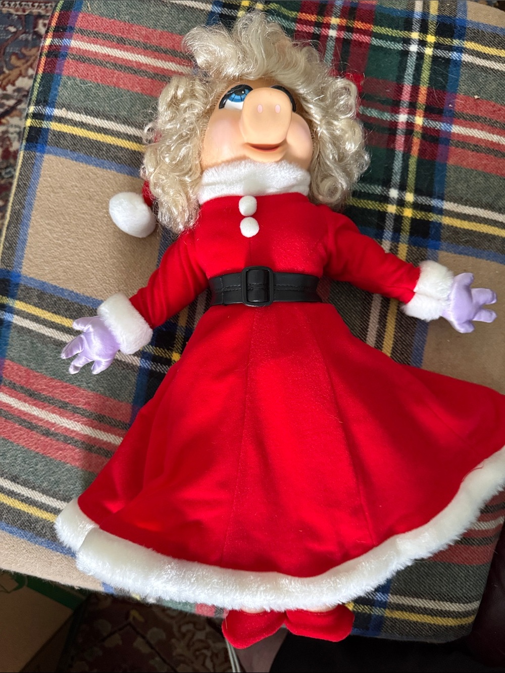 1990s  16 inch Vintage Miss Piggy Holiday  Plush Doll in Red Santa Dress